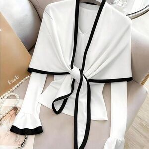 Elegant White and Black Tie-Front Blouse